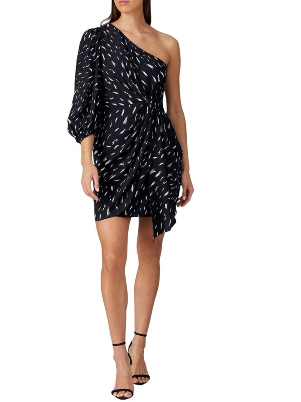 IRO - Akubra One Shoulder Mini Dress Black White Print Twist Front Sz 38